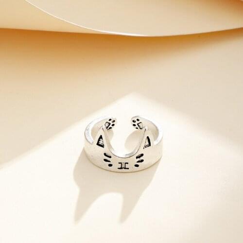 Simple Design Black Silver Color Cat Opening Ring Retro Creative Kitten Metal Ring Accessories Sweet Cute Girl Jewelry Gift