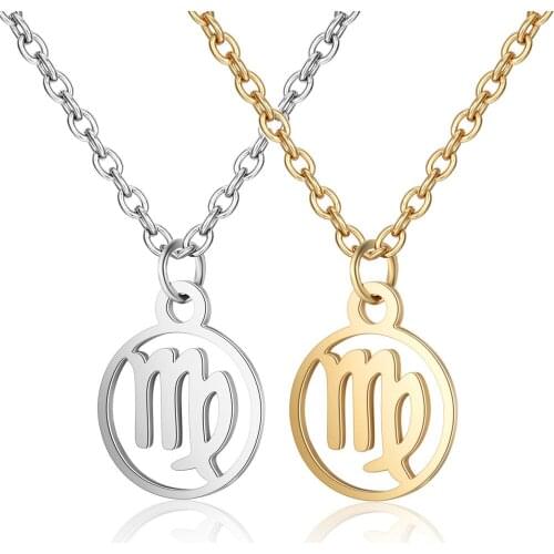 2pcs Virgo Stainless Steel Constellation Pendant Necklace Round Coin Zodiac Sign Statement Silver Gold Necklace For Women