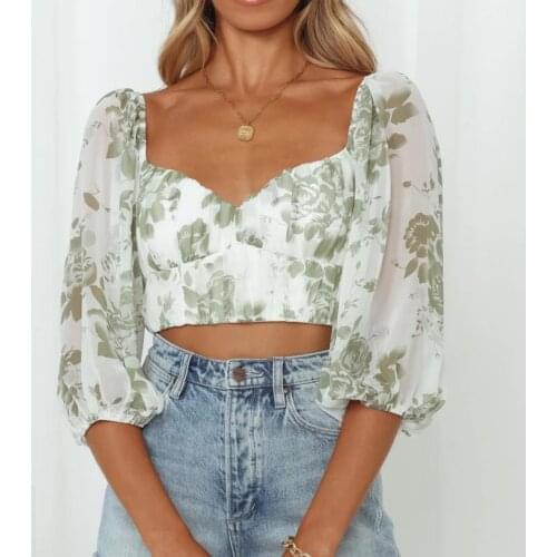 Puloru New Women Floral Short Puff Sleeve Crop Tops Sexy Pleated V Neck Wrap Short T-Shirts Casual Summer Tied Back Tops