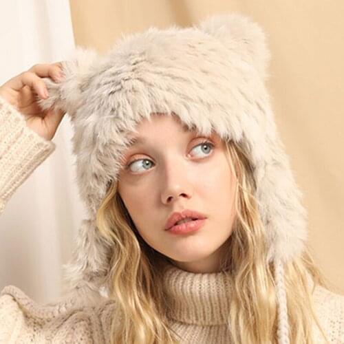 100% Real Rabbit Fur Hat Womens Russian Aviator Trapper Snow Skiing Hat Caps Earflap Winter Real fur Bomber Hat S2494