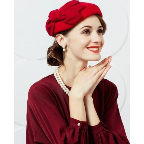 Women 100% Australian Wool Pillbox Hats New Arrival Ladies Fascinator Bow Wedding Hat French Artist Stewardess Caps B-7430
