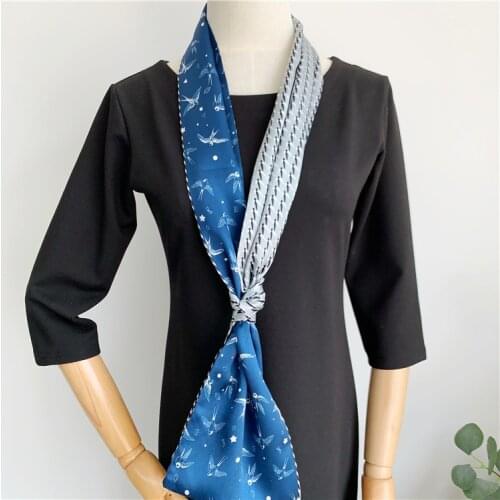 Blue Ribbon Scarf Long Headband Hairband Ponytail 100% Silk Double Side Double Layer 150*16cm