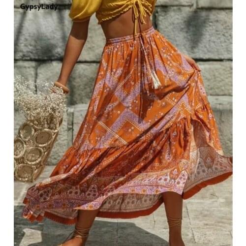 GypsyLady Vintage Chic Hippie Women Skirt Floral Print Boho Beach Skirts High Elastic Waist Pleated Boho Rayon Maxi Skirt Femme