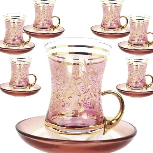 Vintage Turkish Tea Glasses Cups and Saucers Set of 6 with Handle Gold Decors for Serving and Drinking Housewarming Gift for Hom