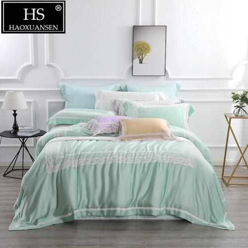 High-end Green 4 Piece Lace Bedding Sets Modern Princess 100% Tencel Lyocell Super Breathable Bed Linen Set 650 Thread Count