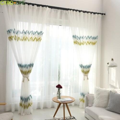 Nordic White Embroidered Window Screen Curtains Tulle Kitchen Grid Wave Sheer for Bedroom Living Room Balcony GYV1114