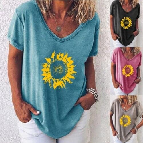 Plus Size M-4XL Ladies Shirt Women Summer Fashion Summer Short Sleeve V Neck Sunflower Print T-shirt Loose Blouse