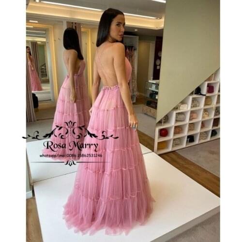 Sexy Backless Pink Women Prom Dresses 2021 A Line Tulle Ruffles Plus Size Deep V Neck Cheap Vestido De Fiesta De Boda Party Gown