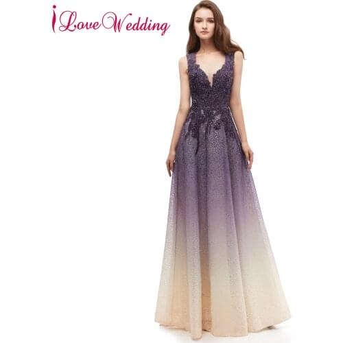 Evening Dresses Sexy V Neck Lace Embroidery Beaded Women Formal Party Gown A Line Purple Long Evening Gown Robe de Soiree