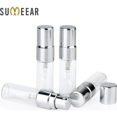 100PC/Lot 3ml Portable Sample Spray Bottle Transparet Glass Perfume Bottle Atomizer Silver Metal Pump Travel Bottle Container