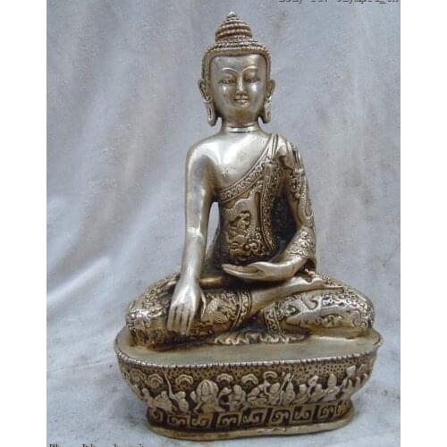 8 Inch China silver carved finely dragon Buddha Sakyamuni Sculpture statue
