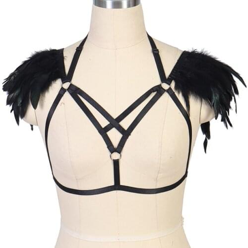 Black Goth Body Harness Belt Feather Epaulettes Adjust Straps Bondage shoulder burningman halloween burlesque festival Rave