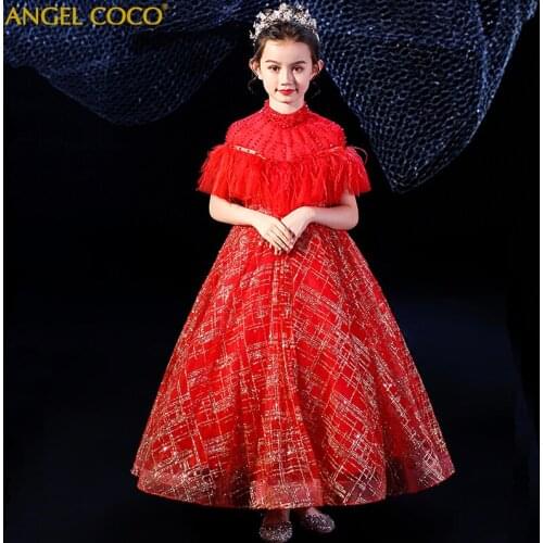 Childrens Evening Dress Feather Flower Girl Princess Dress Girl Catwalk Costumes Teenager Carnaval Gown Vestito Da Ragazza 2020