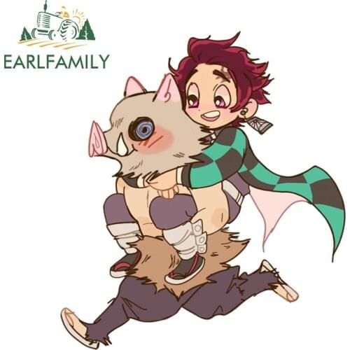 EARLFAMILY 13cm x 11.6cm for Demon Slayer Inosuke Hashibira Tanjiro Decal Funny Car Stickers Waterproof Motorcycle Car Styling