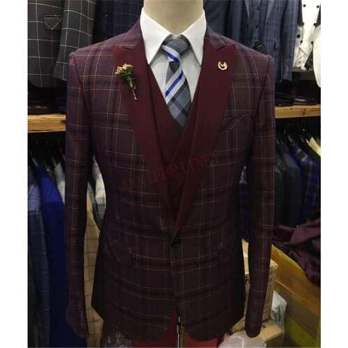 Burgundy Lattice Mens Suit 3 Piece Slim Fit Wedding Suits for Men Groom Dress Tuxedo Male Blazer Business Jacket Vest Pants Set