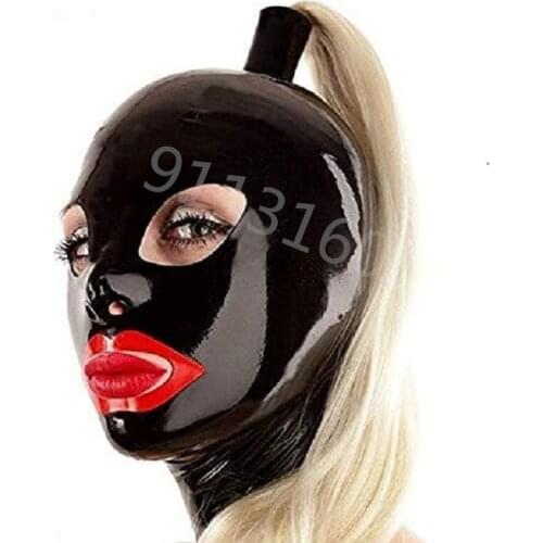 Hot Latex Hood rubber Mask with hairpieces wigs ponytails handmade with back zipper