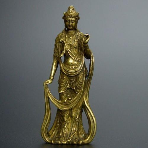 Mini ) Delicate Chinese Old-style Brass Carved Guanyin Bodhisattva Auspicious Statue