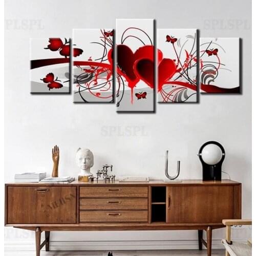 Frameless Home Decor Red Love Heart Butterfly Oil Painting Living Room Wall Painting 5 Pieces Canvas Art Picture (no Frame)