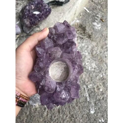 Natural Rough Amethyst crystal cluster candle holder Purple Quartz candlestick