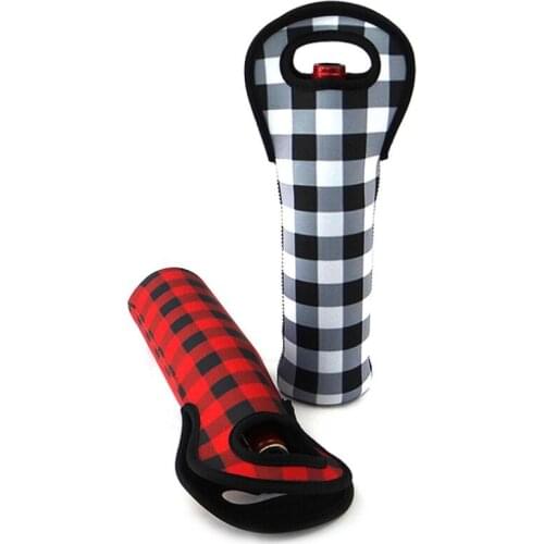 Neoprene Red Check Wine Holder Shock Proof Printed Buffalo Plaid Cooler Covers Durable Bottle Sleeve LX8668