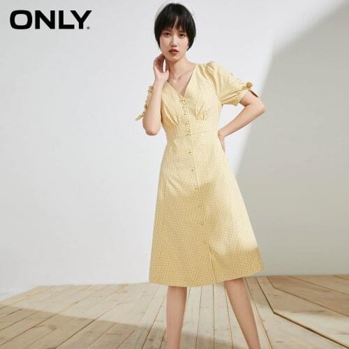 ONLY 2020 summer new waist plaid V-neck A-line thin middle dress female | 120207114