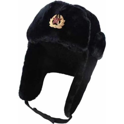 Russia Badge Soviet Army Military Ushanka Bomber Hats Pilot Trapper Winter Hat Faux Rabbit Fur Earflap Men Women Snow Beanie