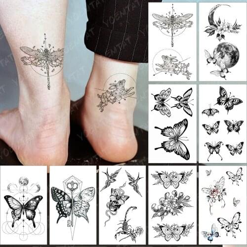 Waterproof Temporary Tattoo Sticker Geometric Dragonfly Wings Rabbit Dotted Line Tatoo Foot Ankle Woman Man Child Body Art