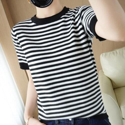 T-shirt women 2021 summer pure cotton linen knitted sweater short-sleeved casual striped round neck ladies blouse tees top