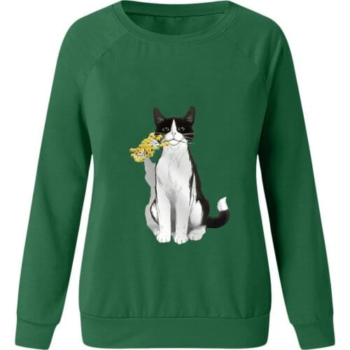 ZOGAA 2021 New Girl T-Shirt Cat Pattern Printing Long-Sleeved Cotton Loose Round Neck Top Suitable For Sports Women’s Streetwear