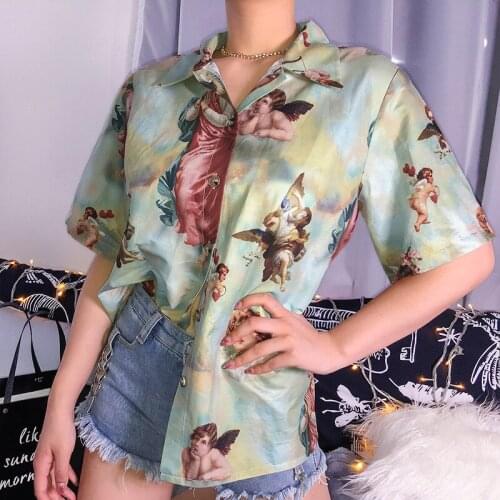 Womens Classic Angel Print Loose Shirt Office Work Shirts Women Streetwear Women Summer Tops And Blouse for Women Clothes 2020