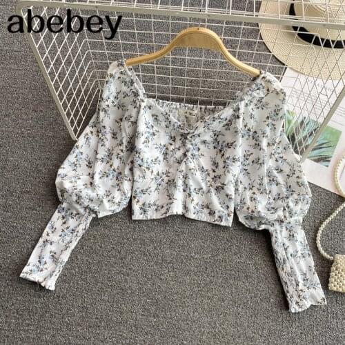 2021 New Summer French Vintage square collar Lantern Sleeve Shirt high waist pleated waist floral print short Shirt Top