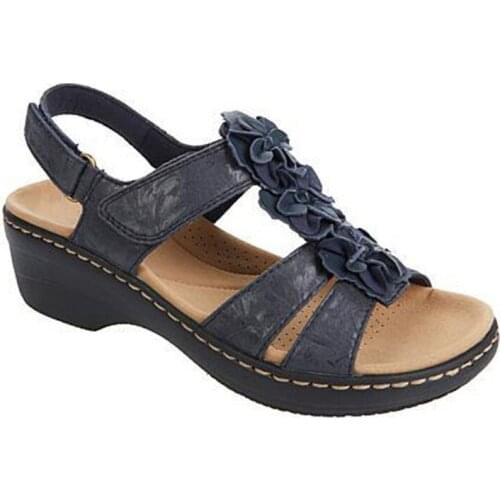 Womens Sandals Summer 2021 Plus Size Round Toe Flower Velcro Sandals Women Wedge Roman Sandals Women Leather Sandals