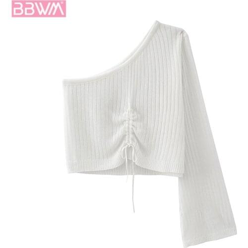 Womens New One-necked Sweater Flared Long-sleeved Blouse Female Sexy One Shoulder Drawstring Pullover TOPS