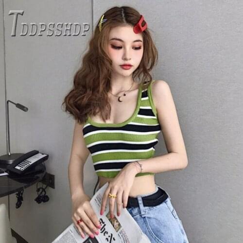 2019 Rainbow Stripe Knitted Women Vest Sleeveless Expose Belly Slim Female Vests