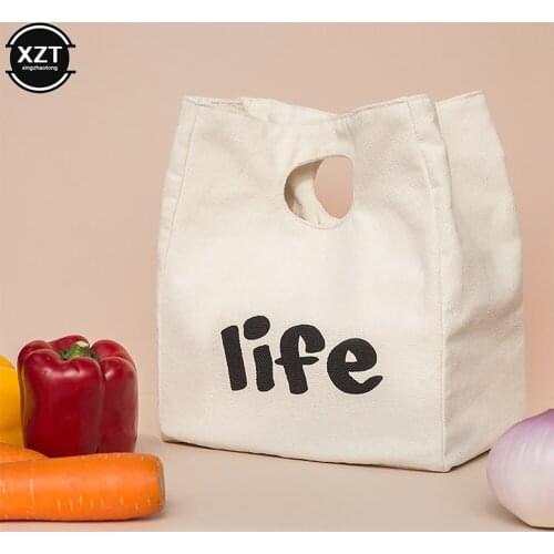 1Pc Cotton Canvas Lunch Box Insulation Bag Picnic Bag Simple Letter Type Large Capacity Multi-Purpose Cloth Bag Foods Organizer