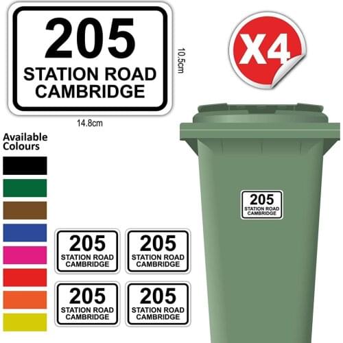 4X Personalised Printed Wheelie Bin Number Stickers House Number And Street Name Classic Style