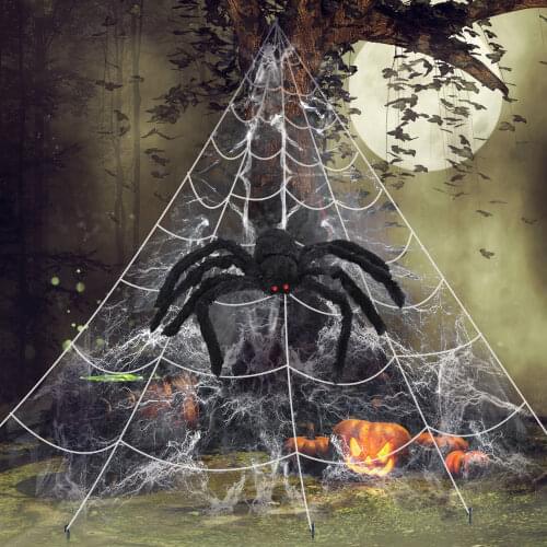 Besegad 5ft Giant Black Fake Spider with Red Eyes Bendable Legs + 16ft Triangular Huge Spider Web Cobweb for Halloween Decor