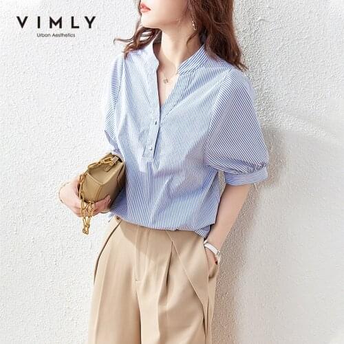 VIMLY Summer Striped Blouse Elegant V Neck Puff Sleeve Shirts Office Lady Loose Vintage Blouses Female Tops Blusas F7085