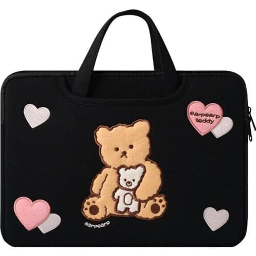 Tablet Case Laptop Storage Bag for Apple Mac Ipad 11.6/12/13//14/15 /15.6inch Cute Cartoon Embroidery Bear Inner Bag for Girl
