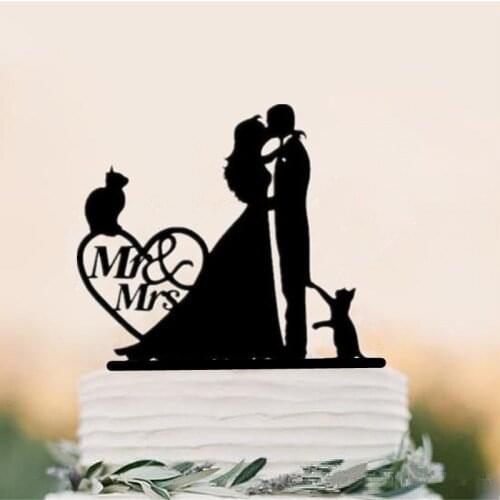 Black Acrylic Kissing Bride and Groom with 2 Cats Wedding Cake Topper Mr & Mrs Toppers for Wedding Decoration
