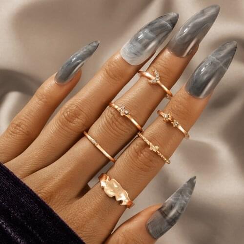 Docona 6pcs/set Simple Irregular Geometry Open Gold Rings Set for Women Luxury Crystal Star Moon Butterfly Wedding Jewelry 18487