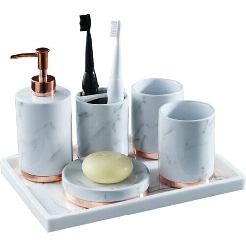 Ceramic Bathroom Accessories Set Soap Dishes/Dispensers Toothbrush Holder & Gargle Cups Wedding Gifts White & Gold Marbling