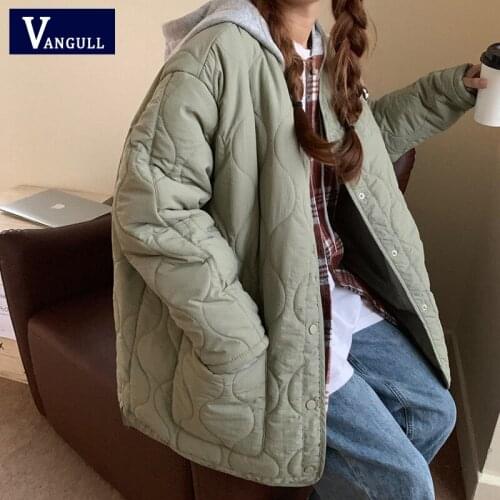 Vangull Casual Single Breasted Pocket Women Jacket Winter Lightweight Loose Female Parkas Coat Solid O-Neck Long Sleeve Outwear