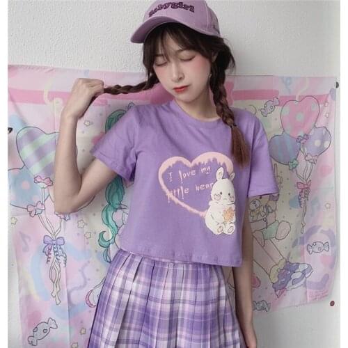 Japanese Summer WomenS T Shirt Streetwear Cute Bunny Cubs Print Y2K Crop Tops Tees Soft Girl Kawaii Chic Women Clothing Tshirt