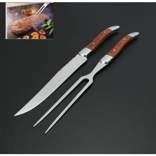2pcs 11.8'' Carving Knife Set Wood Handle Steak Knives Dinner Fork Stainless Steel Restaurant Cutlery