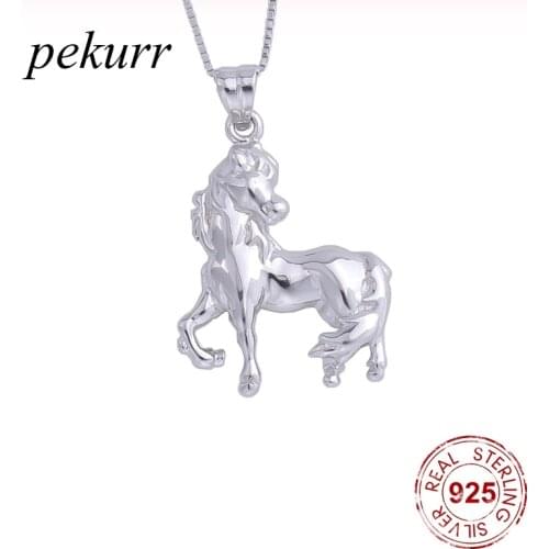 Pekurr 925 Sterling Silver Big Steed Horse Female Pendants Long Chain Animal Necklaces For Women Collar Fashion Jewelry