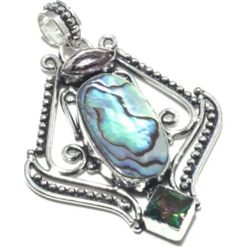 Genuine Abalone Shell & Mystic Topaz Pendant Silver Overlay over Copper, Hand made Women Jewelry gift