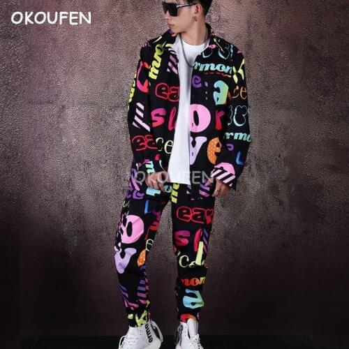 Male singer dancer print shirt hipster hair stylist show costume set colorful letters print shirt set tool suit tide