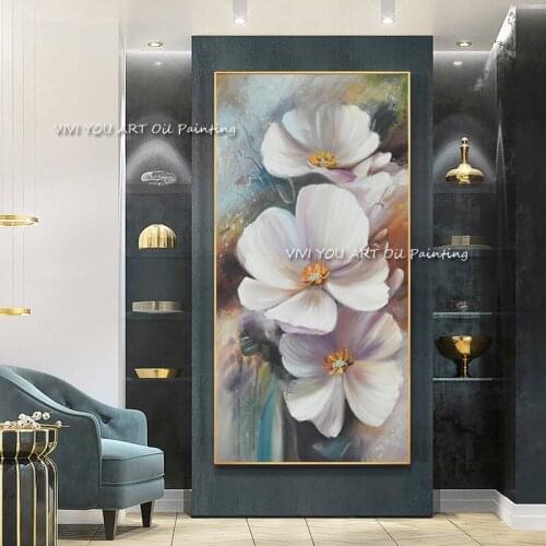 Hand-painted Grey Color Flower Oil Painting Handmade Canvas Art Modern Heavy Texture Oil Painting for Living room Decoration