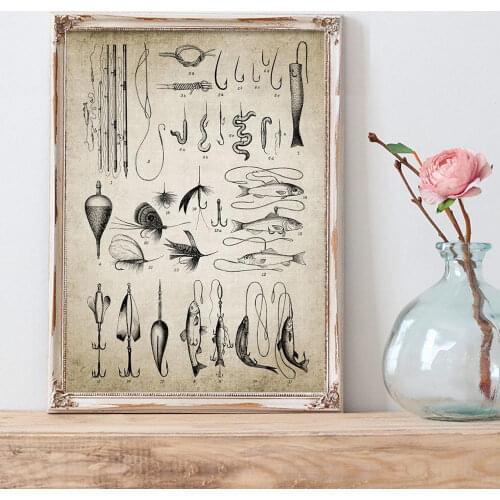 Fishing Lure Illustration Painting Fishing Poster Rod Hooks Wall Art Vintage Poster Angling Poster Kraft paper